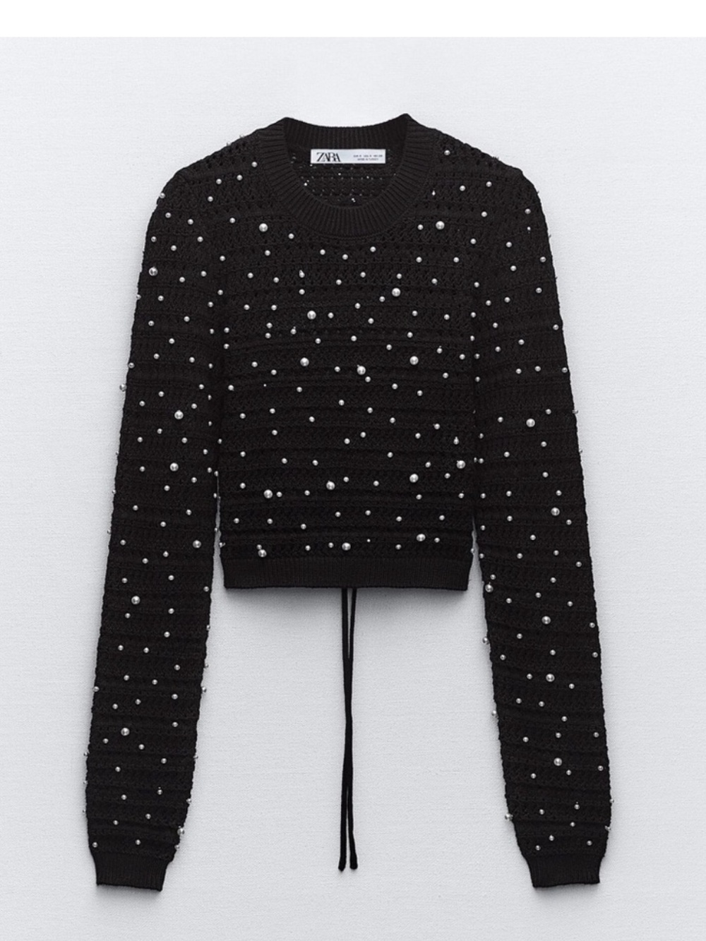 Zara Black Pearl-Studded Cropped Knit Sweater